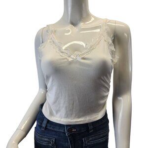Laced Trimmed Crop Tank Top Ribbed White Sleeveless Camisole NWT